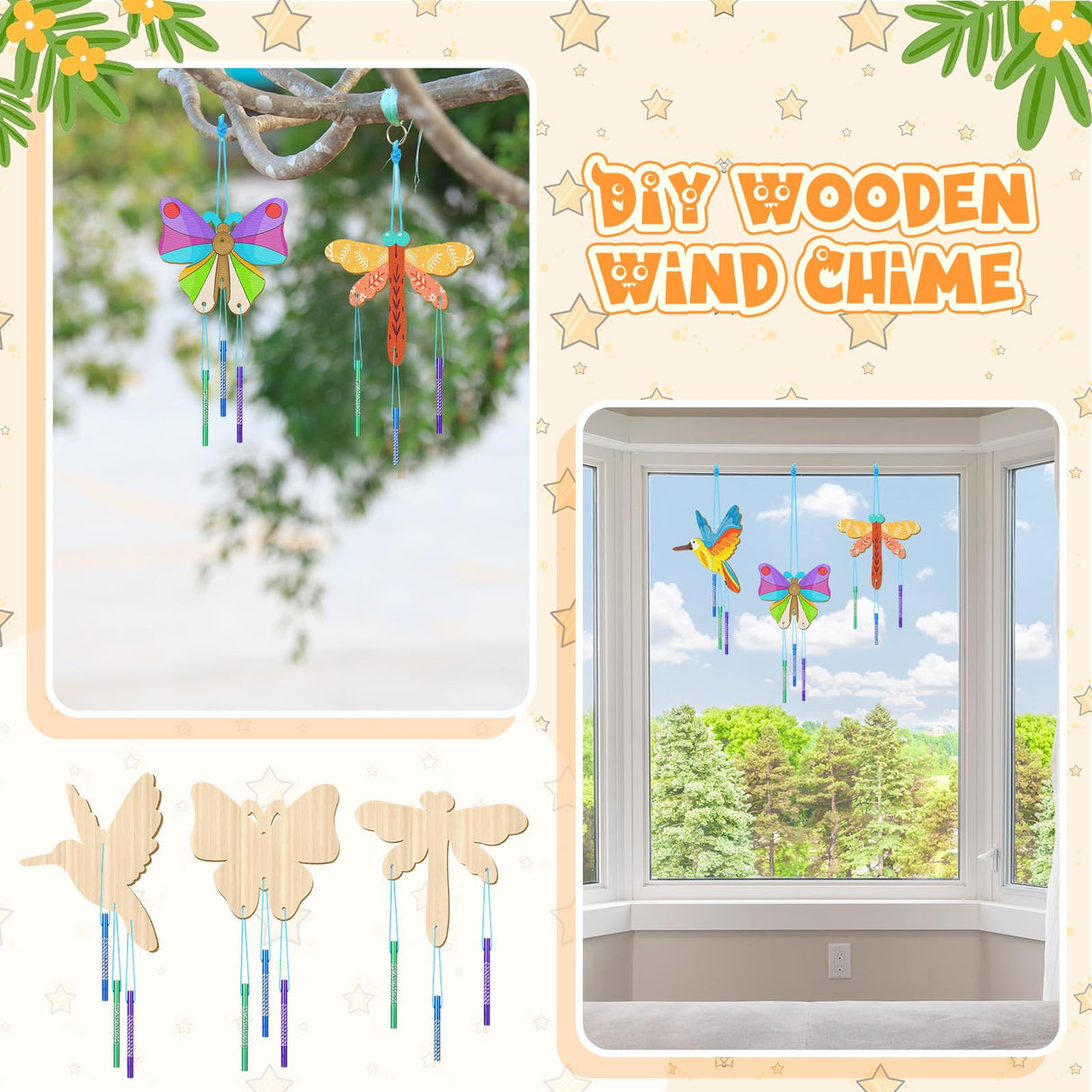 Leinuosen 30 Pcs Wind Chime Kit Hummingbird Wooden Wind Chimes Decorative Butterfly Windchimes Hanging Dragonfly DIY Wind Chimes for Kids Indoor Outdoor Garden Home Patio Party Crafts Decorations Leinuosen