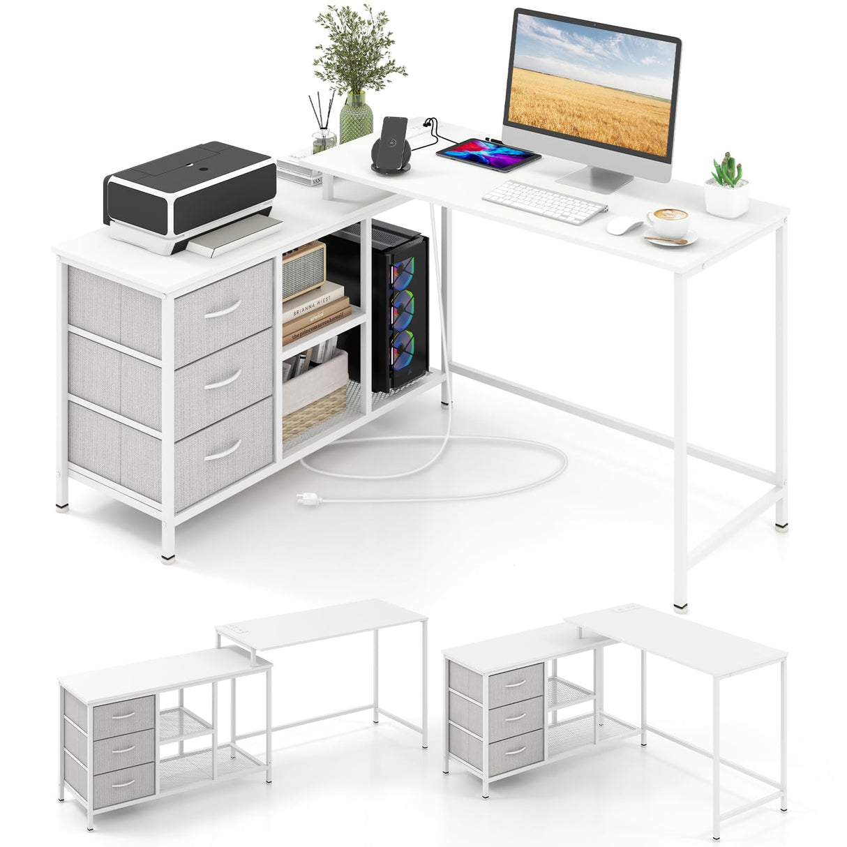 Giantex L Shaped Computer Desk with Drawers, 81" Convertible Corner Desk with Charging Station and Storage Shelves, Study Writing Desk, Modern Long Corner Gaming Table for Home Office (White) Giantex
