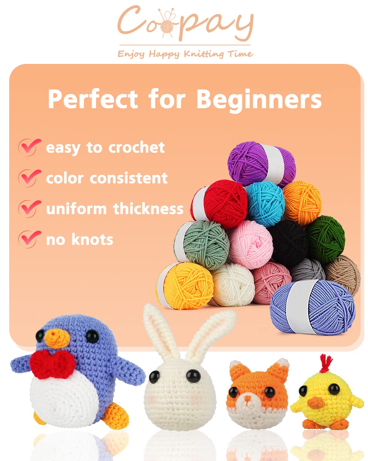 Coopay Crochet & Knitting Yarn, 25g x 14 Multicolor Acrylic Yarn, 1071yd, 4ply Soft, Beginner/Professional Kit Coopay