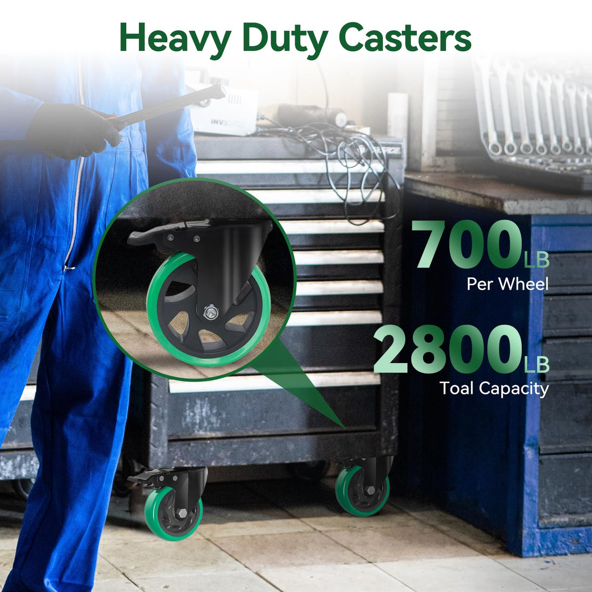 6 Inch Caster Wheels, Casters Set of 4 Heavy Duty, BZOLIHEU Locking Casters, Silent Top Plate Swivel Casters with Brake, Polyurethane Green Castor Wheels for Furniture and Workbench Cart BZOLIHEU