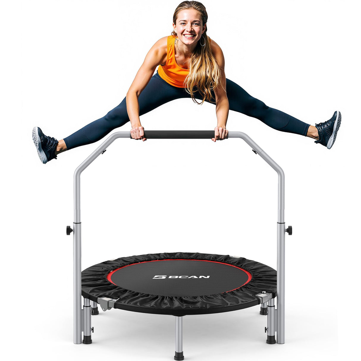 BCAN 40/48" Foldable Mini Trampoline Max Load 330lbs/440lbs, Fitness Rebounder with Adjustable Foam Handle, Exercise Trampoline for Adults Indoor/Garden Workout, Black BCAN