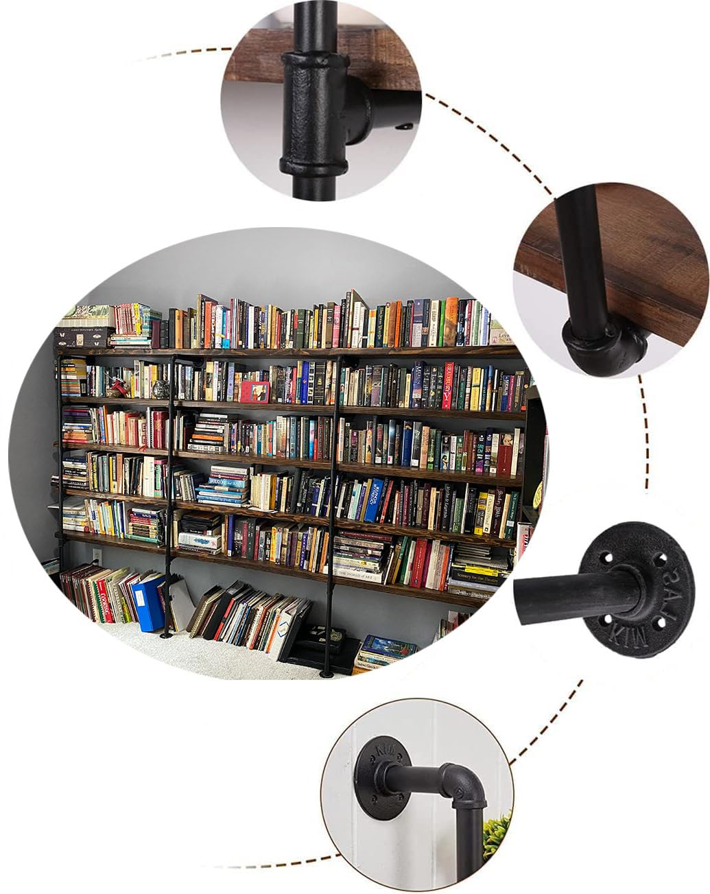 Industrial Iron Pipe Shelves, 3 Set 5-Tier, 68" Tall, 12" Depth, DIY Open Bookshelf Bookcase, Wall Mounted Vintage Retro Shelving, Rustic Farmhouse Pantry Kitchen Storage, Black Shelf Brackets Kaler
