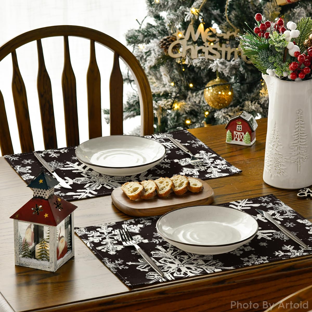 Artoid Mode Black Snowflakes Christmas Placemats for Dining Table, 12 x 18 Inch Seasonal Winter Washable Table Mats Set of 4 Artoid Mode