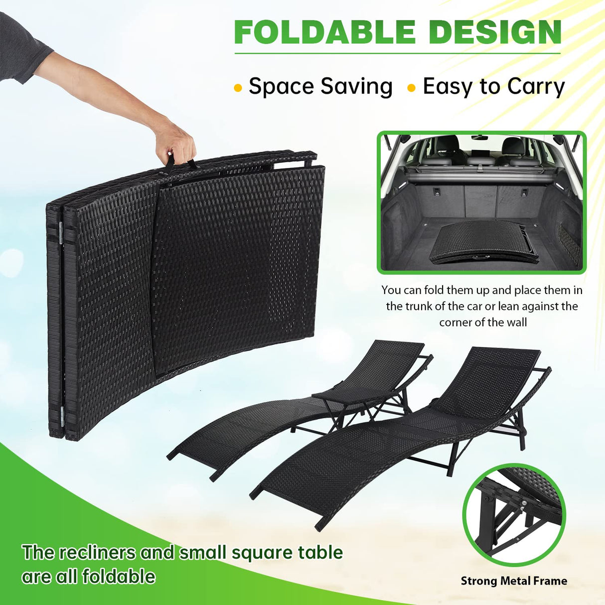 PayLessHere Patio Chaise Lounge Set of 3 Adjustable Back Outdoor Lounge Chair Folding Wicker Recliner Chair 2 Pieces Outside Chairs with Folding Table and Khaki Cushioned for Poolside Deck Lawn Beach PayLessHere