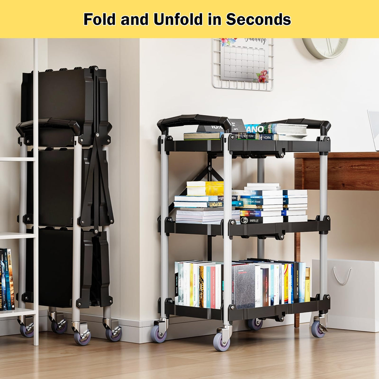 Foldable Rolling Book Cart, 3 Tier Folding Utility Service Carts with Wheels Lockable Handles for Women No Assembly Storage School Restaurant Warehouse Garage 180LBS Capacity Sturdon