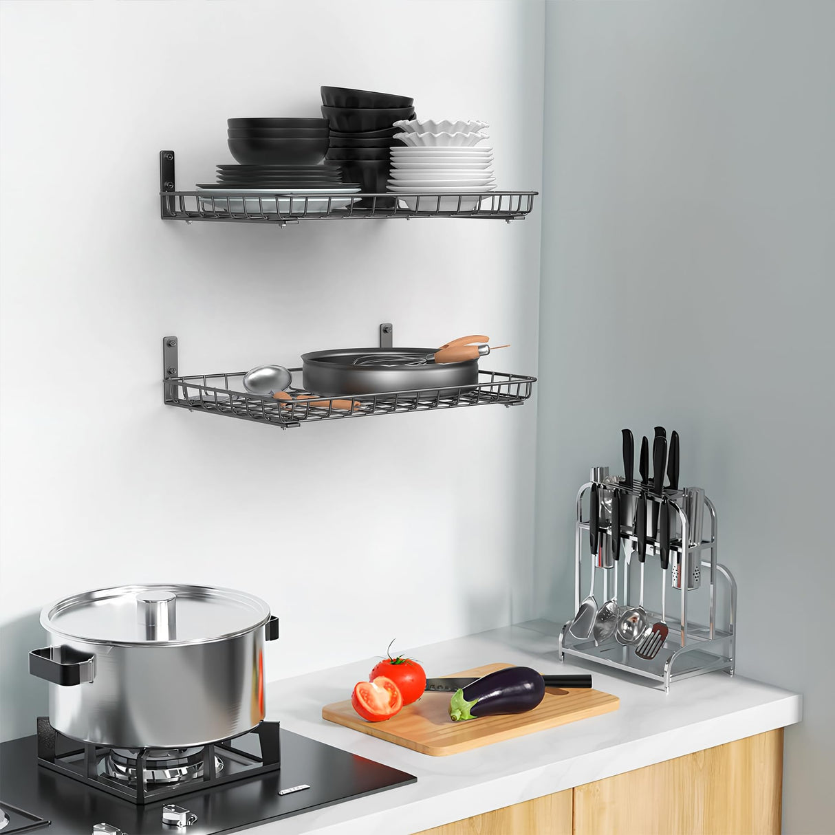 WALMANN Garage 12x18 inch Wall Shelf, Wall-Mounted Storage Shelves for Garage, Closet, Laundry Room, Heavy Duty Wall Shelving, Holds Up to 60 lbs(Pack of 2, Black) WALMANN