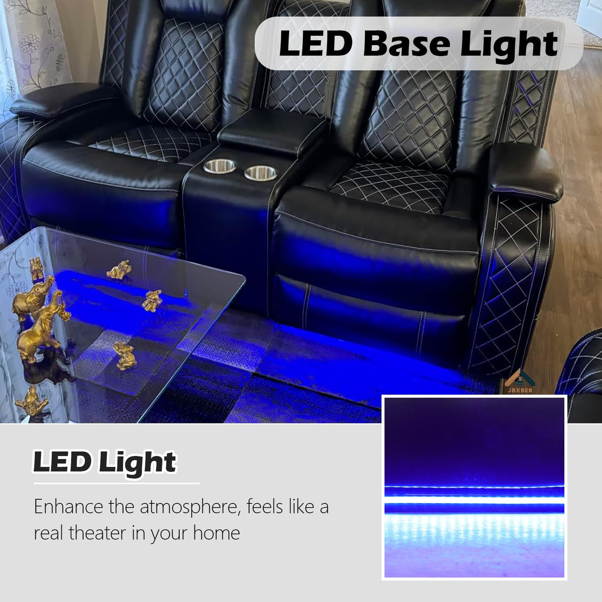 JBXBER Power Recliner Sofa Set with LED Lights, Black Leather Reclining Couch Sets with Storage Console, USB Ports, Cup Holder, Home Theater Seating, Living Room Furniture(2 Loveseats and a Chair) JBXBER