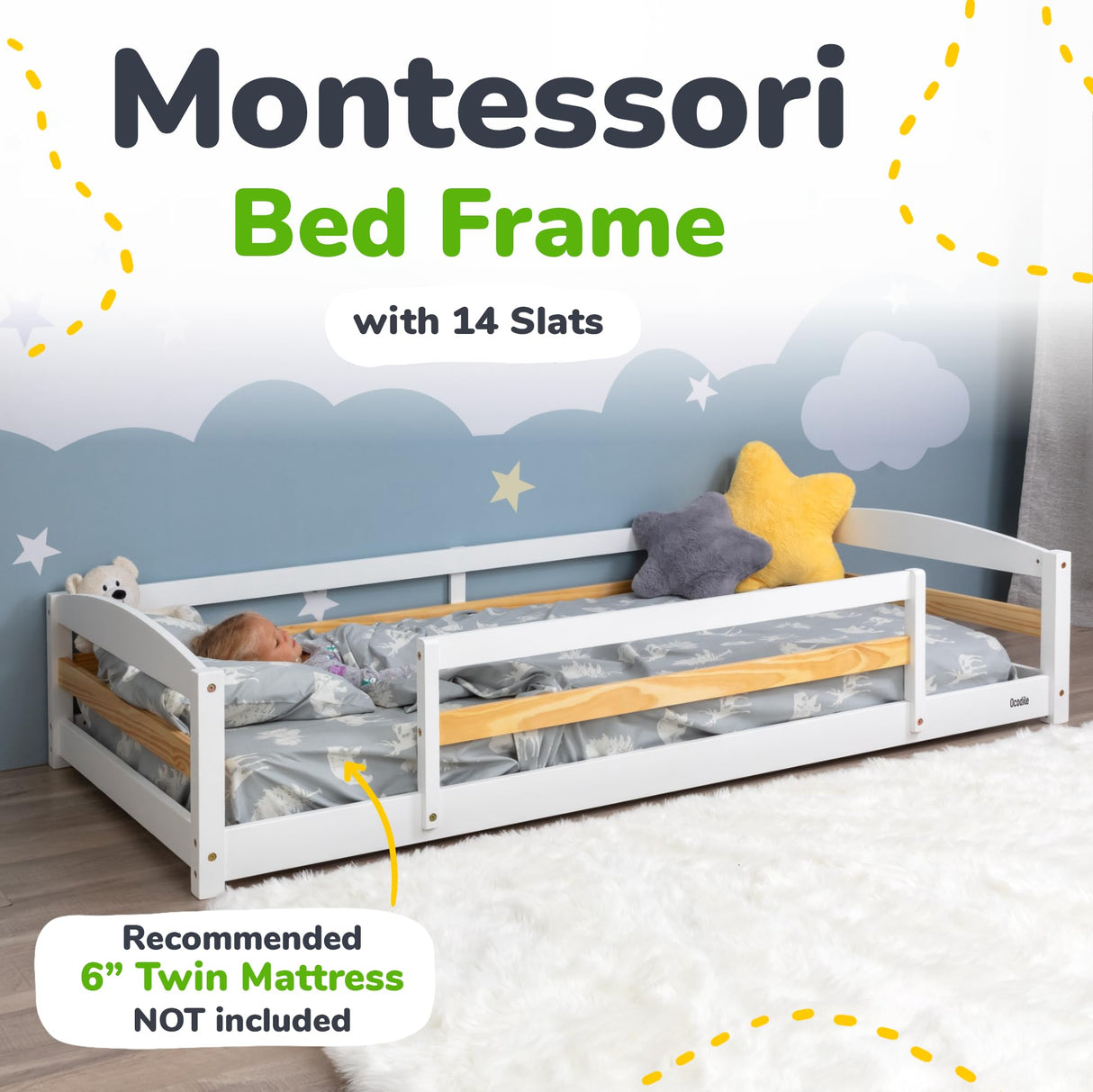 Twin Floor Bed with Safety Guardrails for Kids, Montessori Inspired with Rails and 2 Openings, Twin Size Bed Frame for Girls and Boys - White Ocodile