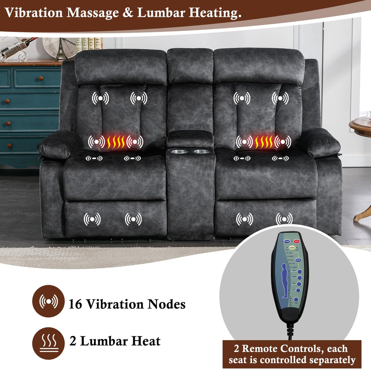 GUEAPY Reclining Loveseat-Power Reclining Loveseat with Console,Love Seat Recliner Sofa,Dual Reclining loveseat with Heat and Massage,Cup Holders, USB & Type-C Charge Ports,Pocket, for Living Room GUEAPY