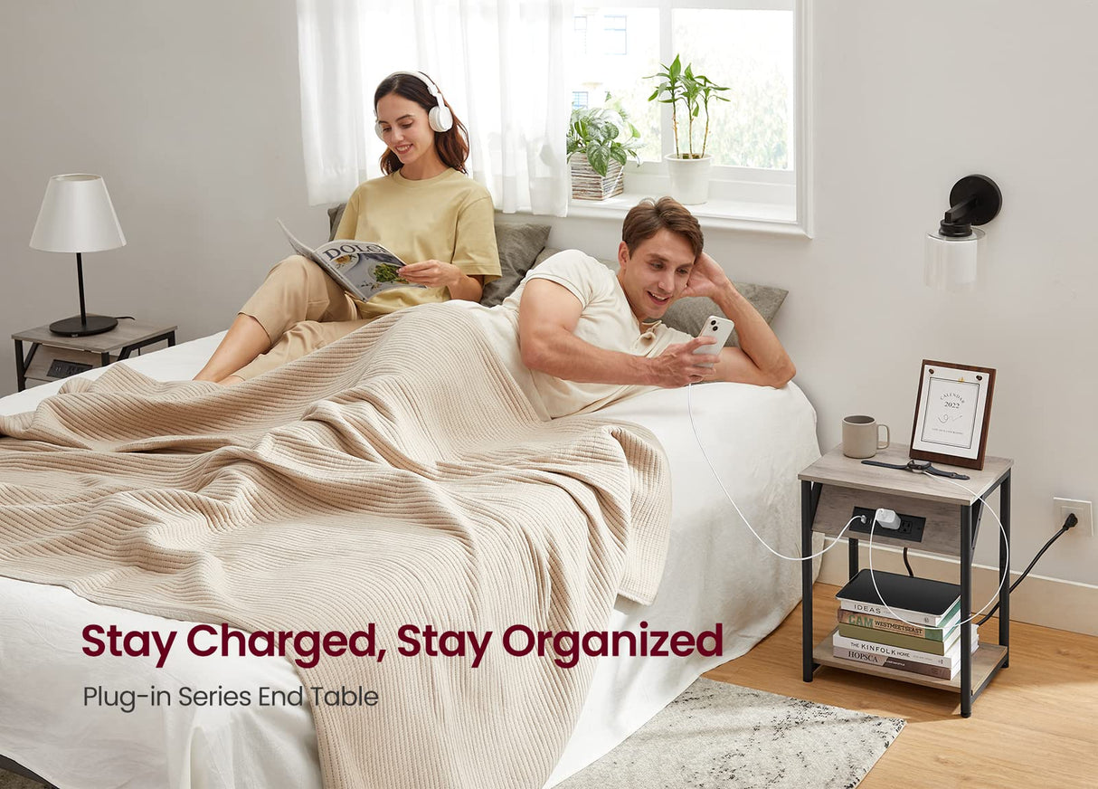 VASAGLE End Table with Charging Station, Set of 2, Small Side Tables for Living Room, Bedroom, Nightstand with Outlets and USB Ports, Bedside Table with Storage Shelf, Heather Greige and Black VASAGLE