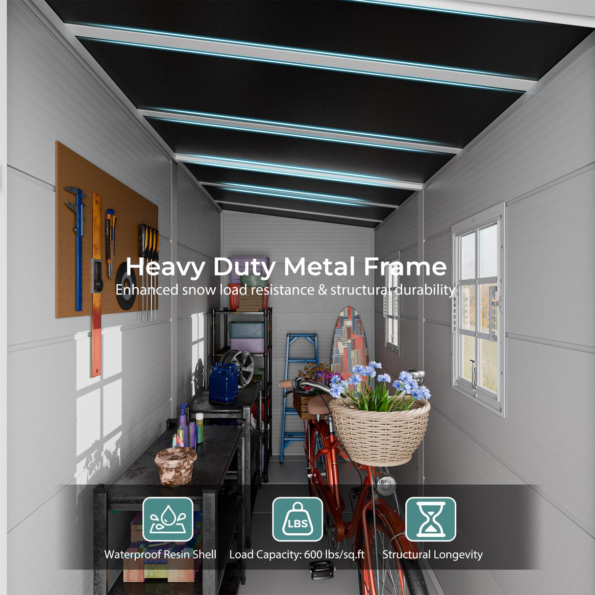 CDCASA 4x8 FT Resin Lean to Shed, Waterproof Outdoor Storage Shed with Floor and Adjustable Openable Windows,Outside Plastic Tool Shed for Backyard Garden Patio Lawn CDCASA