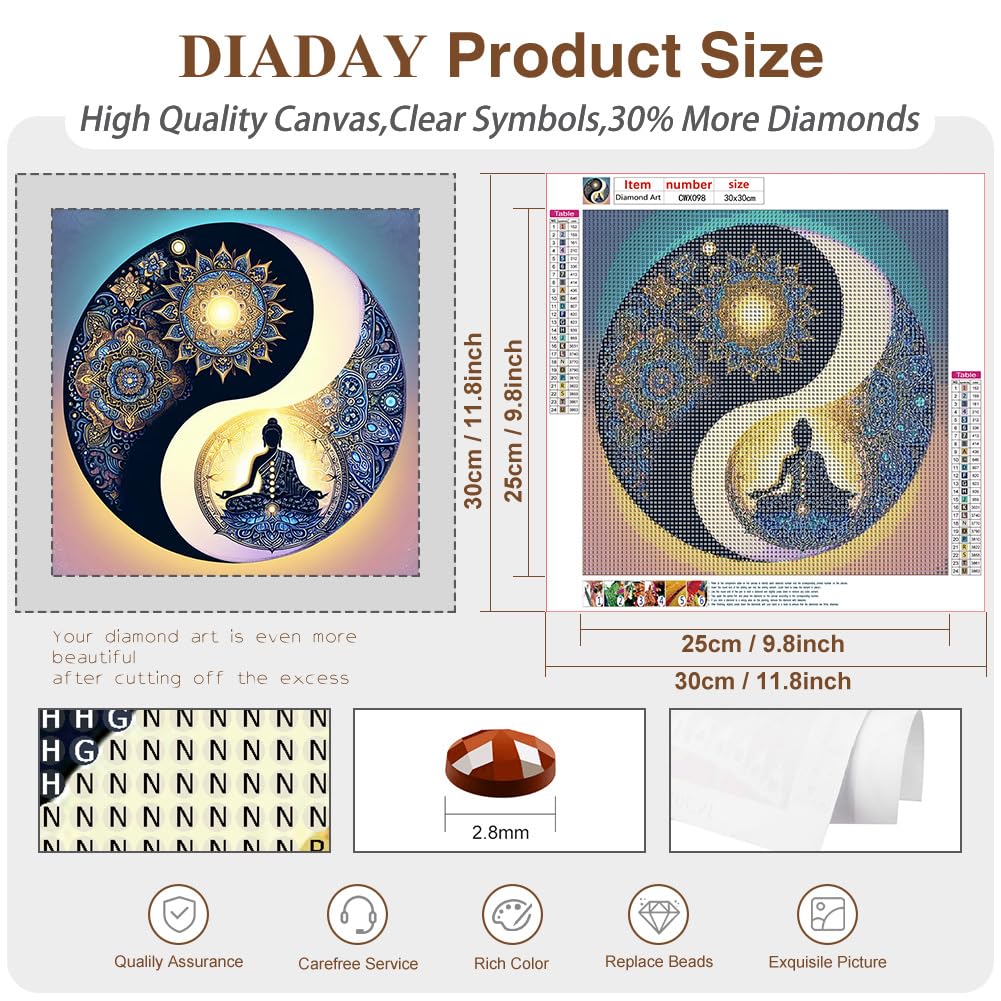 DIADAY Yin Yang Diamond Art Kits for Adults, Buddha & Mandala Diamond Painting Kits for Adults, 5D Full Drill Round Diamond Art, DIY Gem Craft Home Wall Decor Gift 12 x 12 Inches DIADAY