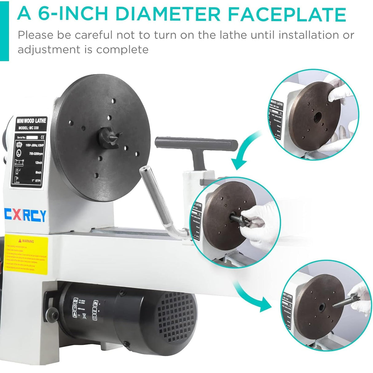 CXRCY Wood Lathe, 8" x 12" Mini Benchtop Wood Lathe Machine 1/3 HP Infinitely Variable Speed 750-3200 RPM with 2 Tool Rests, Lathe Chisel, Goggle for Woodworking, Woodturning CXRCY