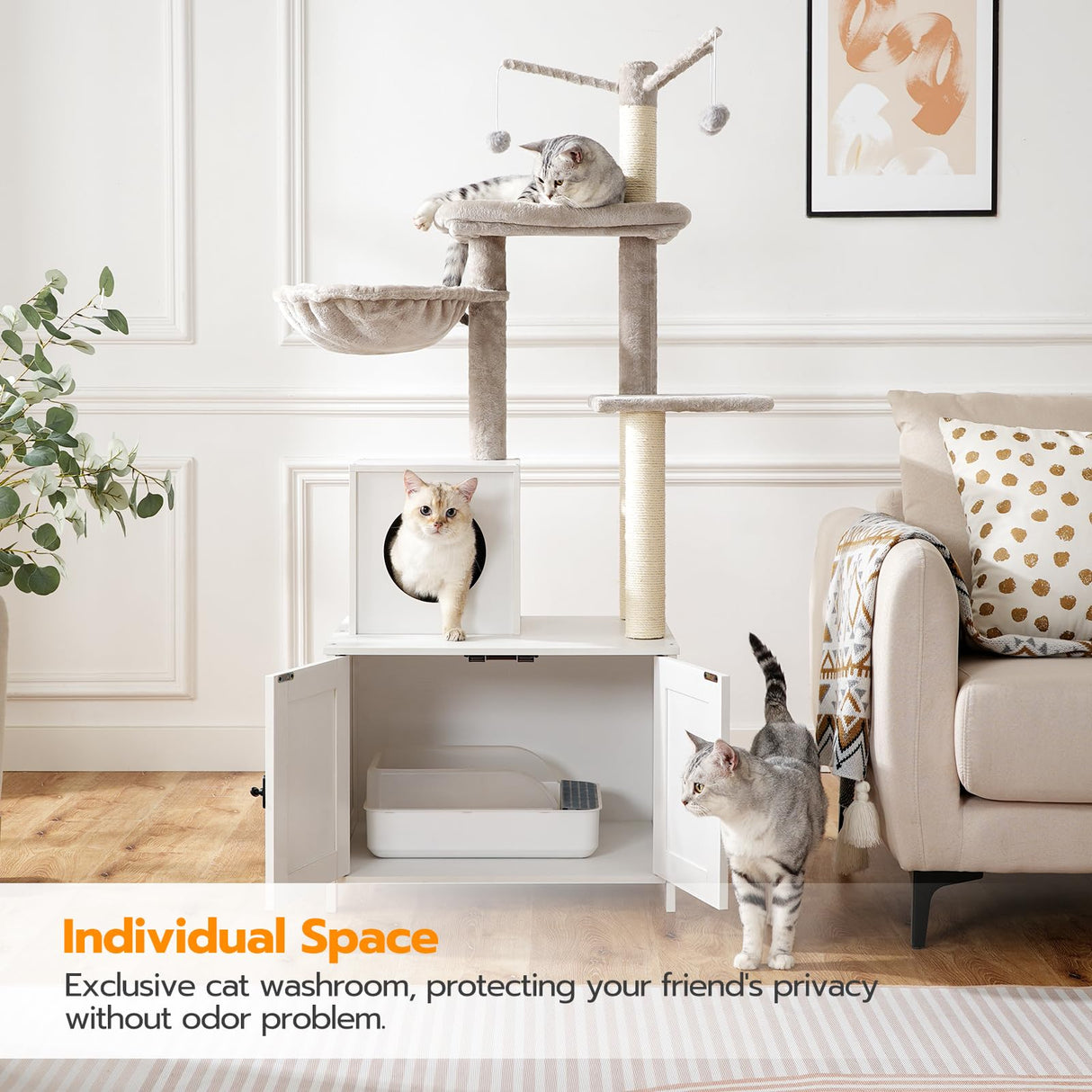 HOOBRO Cat Tree Tower with Litter Box Enclosure for Indoor Cats, Wooden Cat Condo with Scratching Posts, Cat Litter Box Furniture Hidden, All-in-One Cat Toy with Cat House, White WT15MZ03 HOOBRO