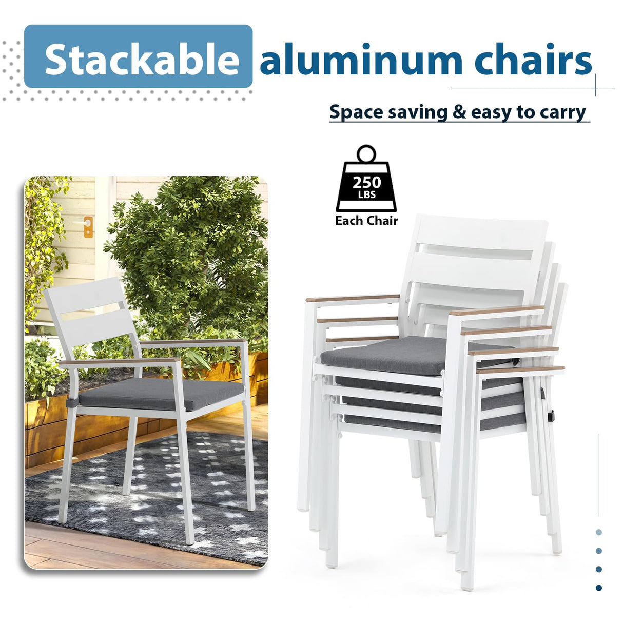 JOIVI 5 Piece Outdoor Dining Set, Aluminum Patio Furniture Dining Table and Stackable Chairs Set for 4 People, Wood Grain Tabletop with 2.05” Umbrella Hole, for Deck, Backyard, Gray Cushions JOIVI