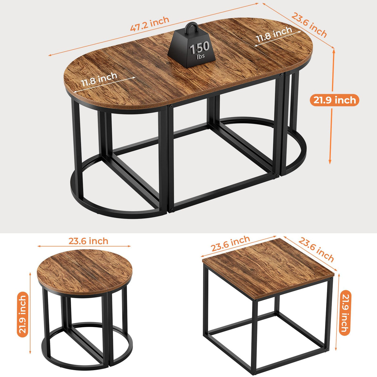 GreenForest Coffee Table Oval 3pcs Set, Modern Living Room Table with 2 End Tables, Small Center Table with Metal Frame for Home Apartment, Walnut GreenForest