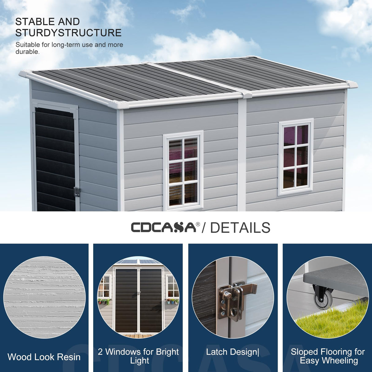 CDCASA 4x8 FT Resin Lean to Shed, Waterproof Outdoor Storage Shed with Floor and Adjustable Openable Windows,Outside Plastic Tool Shed for Backyard Garden Patio Lawn CDCASA