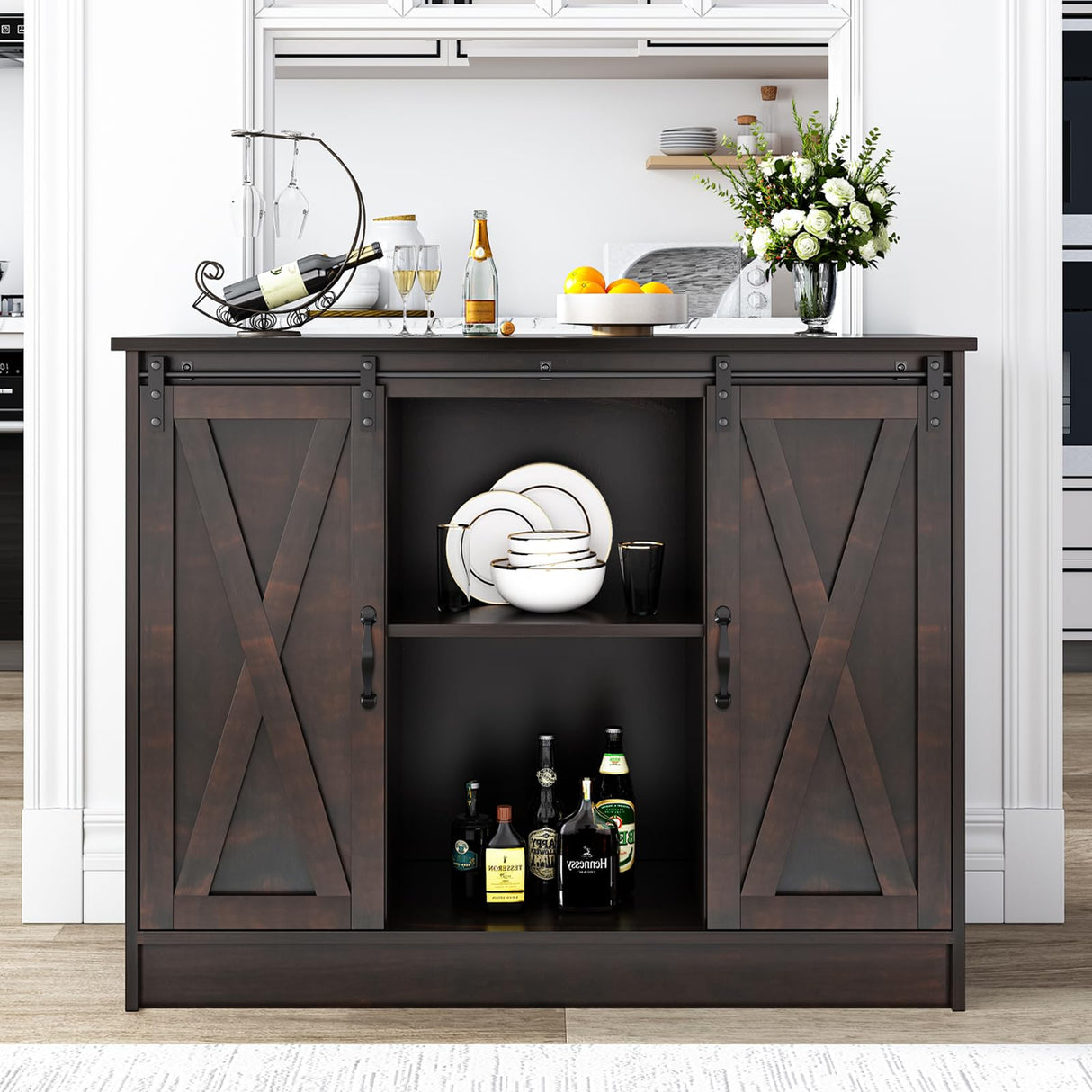 4 EVER WINNER Coffee Bar Cabinet with Storage, 42” Sideboard Buffet Cabinet with Sliding Barn Doors, Farmhouse Coffee Bar Station Table Liquor Wine Bar Cabinet with Shelves for Kitchen, Espresso 4 EVER WINNER