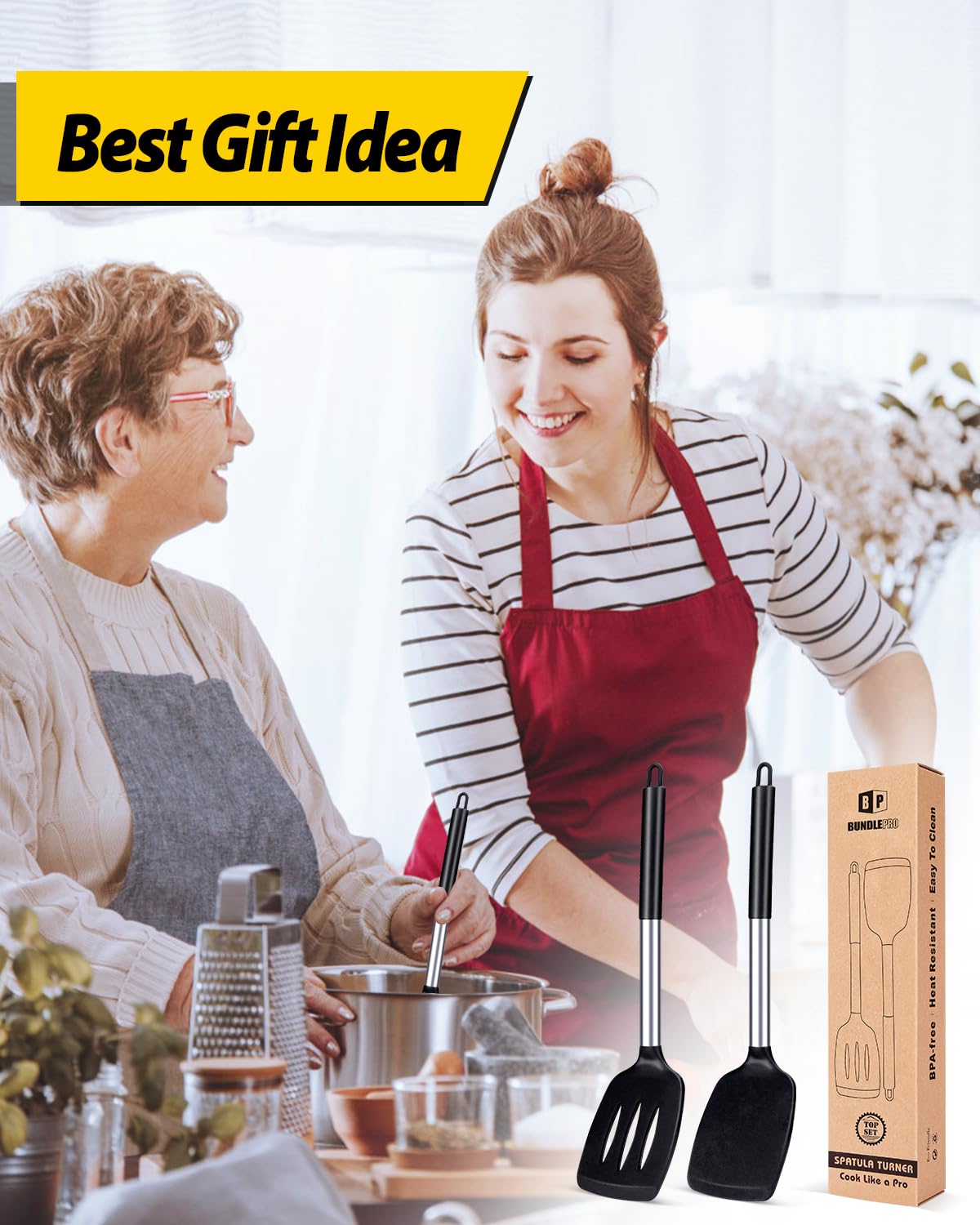 Pack of 2 Silicone Solid Turner, Non Stick Slotted Kitchen Spatulas, High Heat Resistant BPA Free Cooking Utensils, Ideal Cookware for Fish, Eggs, Pancakes(Black) BUNDLEPRO