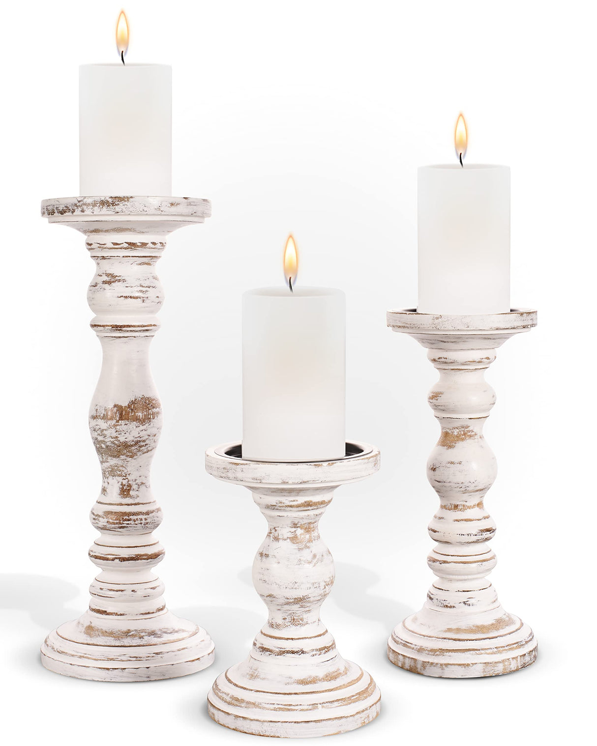 Large Candle Holders for Pillar Candles - Rustic Farmhouse Style Home Decor - Perfect for Table Centerpieces, Coffee Table or Fireplace Mantel - 3 Piece Set - White Luxe Designs