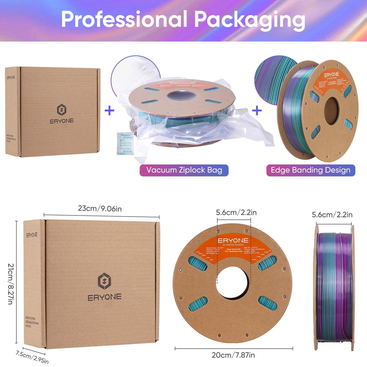 ERYONE HS Silk Quadruple Color PLA Filament 3D Printer 1.75mm +/- 0.03mm, Hyper Speed Coextrusion Filament PLA Shiny 1kg, Aurora Dream (Teal Green & Violet & Electric Pink & Indigo) ERYONE