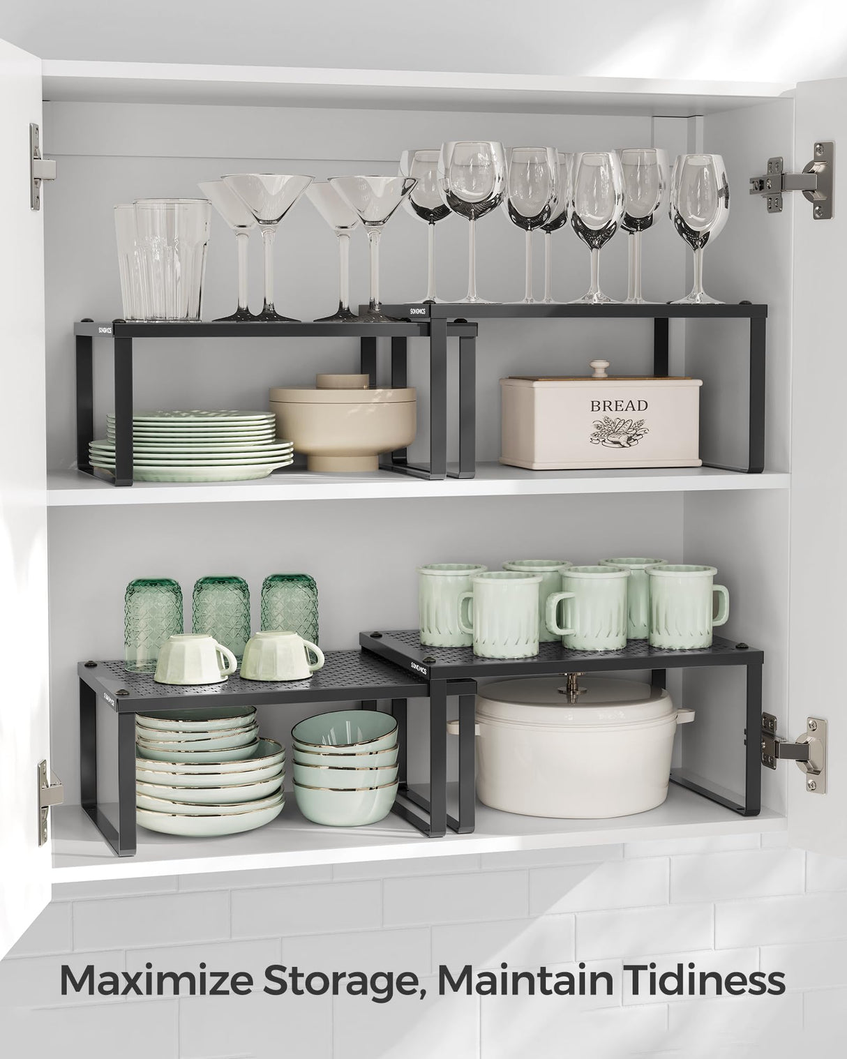 SONGMICS Spice Racks, Cabinet Shelf Organizers, Shelf Organizers, Countertop Organizers, Shelf Risers, Stackable, Expandable, Set of 4 Metal Kitchen Counter Shelves, Ink Black UKCS006B01 SONGMICS