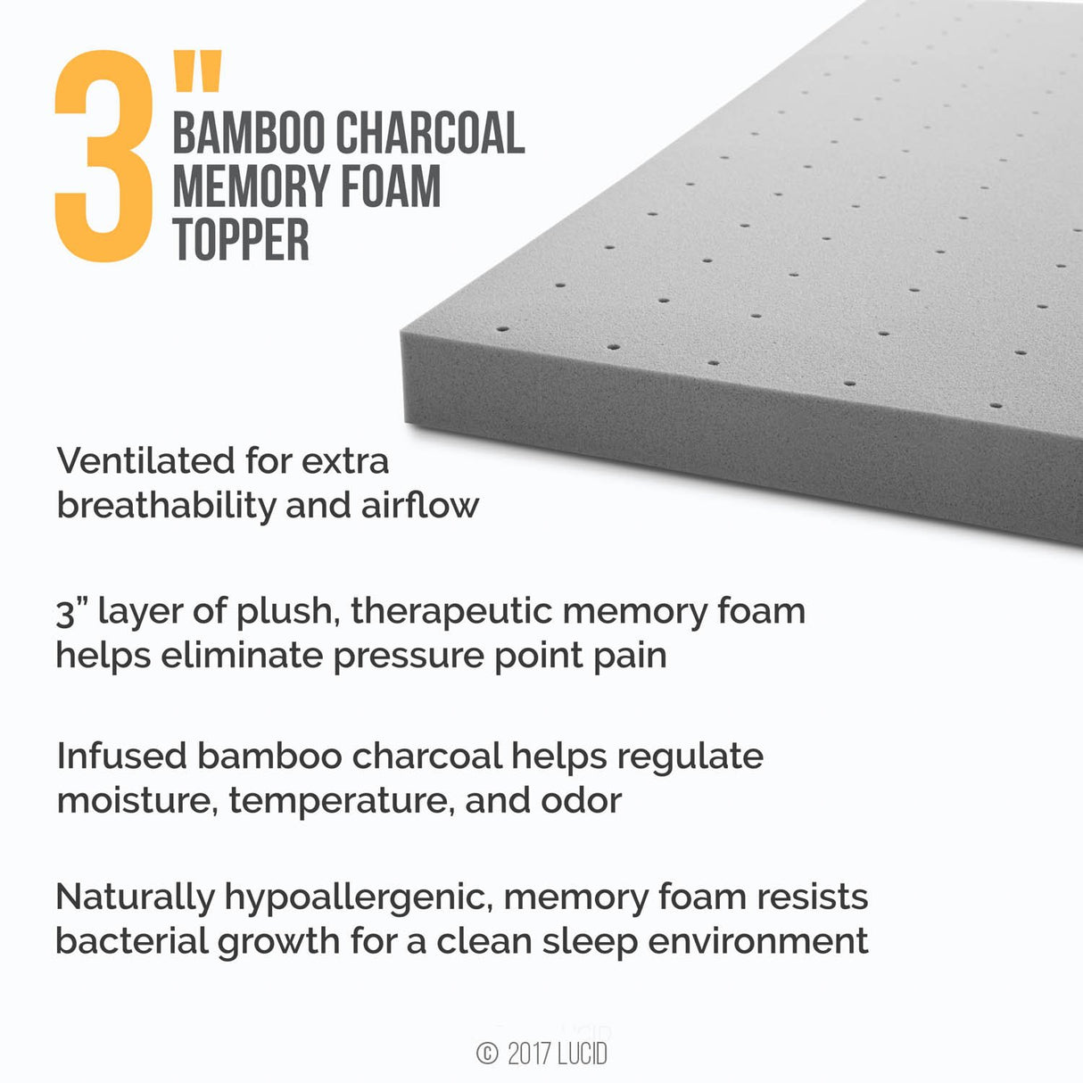 Lucid 3 Inch Ventilated Bamboo Charcoal Memory Foam Mattress Topper, CertiPUR-US Certified, Moisture and Odor Control-Full LUCID