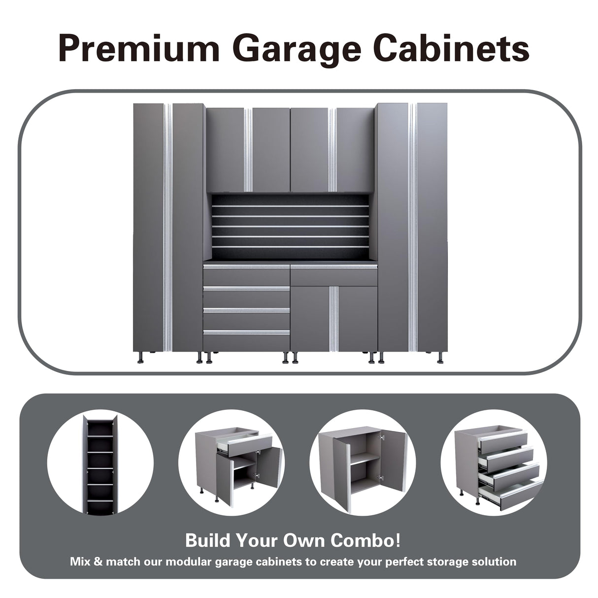 Premium Garage Cabinets 9' Storage Sets Solution with Adjustable Legs, Soft-Close Drawer & Door, Integrated Handles, Heavy Duty Plywood Box Construction, Tool and Equipment Organizer (Combo 9CS-012B) DOWNFORCE GARAGE CABINETS