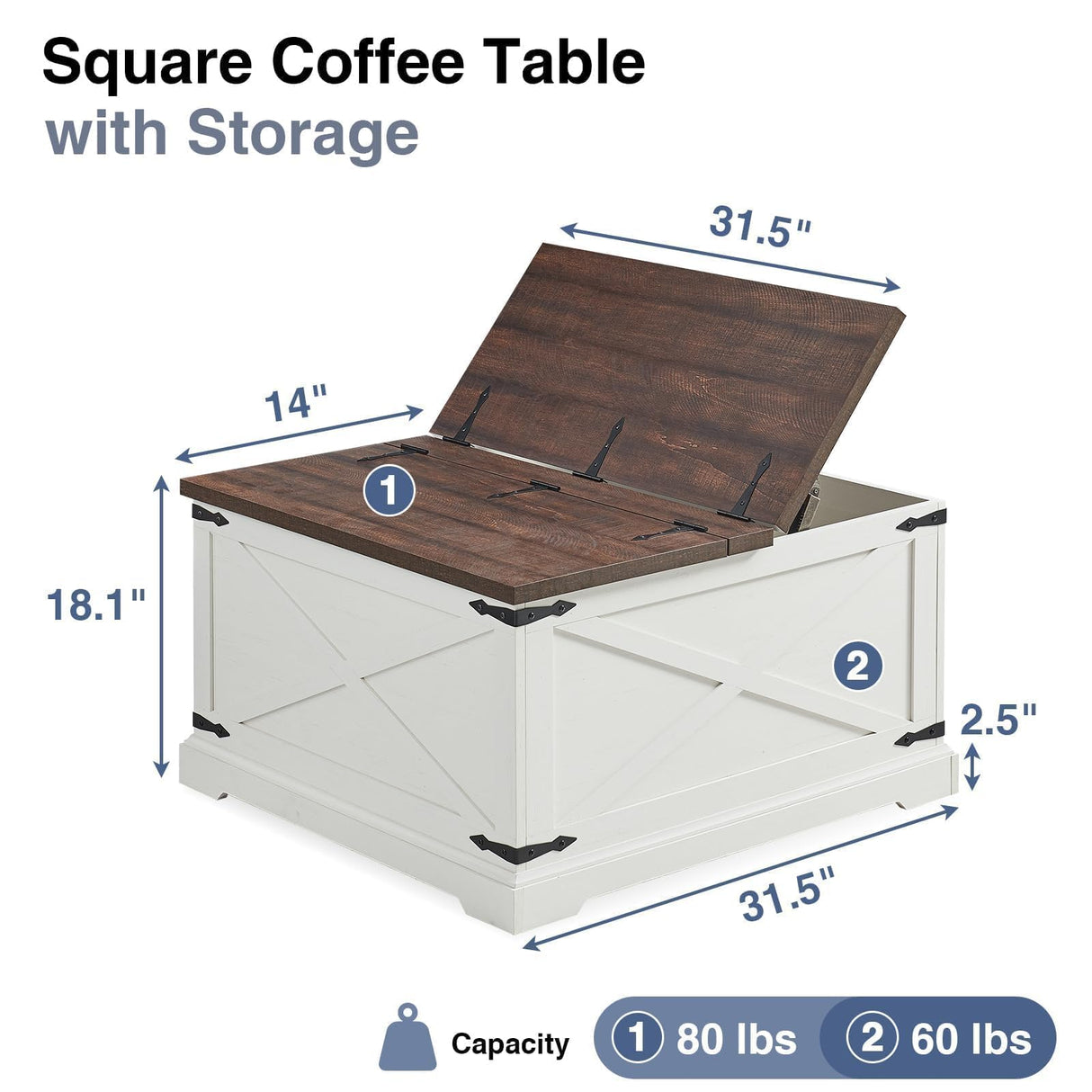 Barnyatoh Farmhouse Square Coffee Table with Storage, Wood Center Table with Hinged Lift Top, Rustic Cocktail Table with Large Hidden Storage Compartment for Living Room, Bedroom,Antique White Barnyatoh