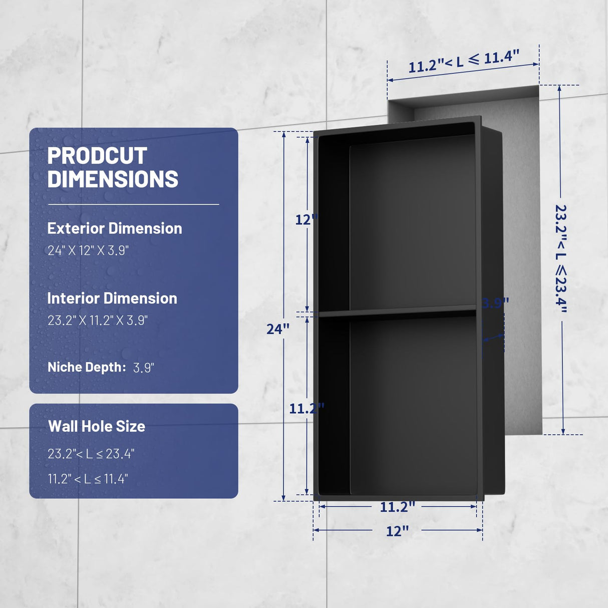 BWE Bathroom Wall Niche,12" X 24" X 4" Stainless Steel Shower Niche,Rimless Recessed Shower Shelf for Bathroom,Double Shelves Niche,No Tile Needed Matte Black BWE