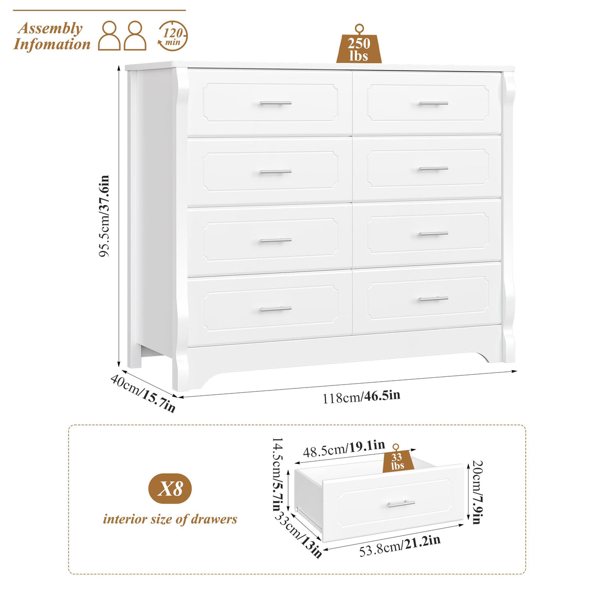 HITHOS White 8 Drawer Dresser for Bedroom, 47" Wood Dresser & Chest of Drawers, Modern Double Storage Cabinet with Deep Drawers | Metal Handles for Living Room, Hallway, Entryway HITHOS