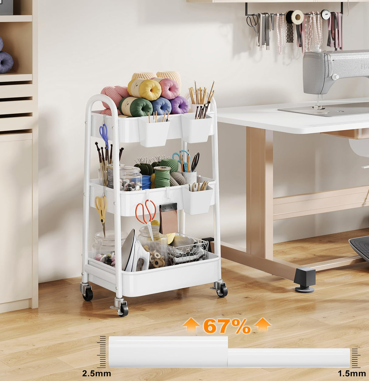 3 Tier Rolling Cart Metal with Wheels, Heavy Duty White Three Tiered Craft Cart Organizer on Wheels, Utility Roller Storage Carts for Art, Baby Nursery, Diaper Caddy, Snack,Book,Nail,Cleaning Supplies Osivaex