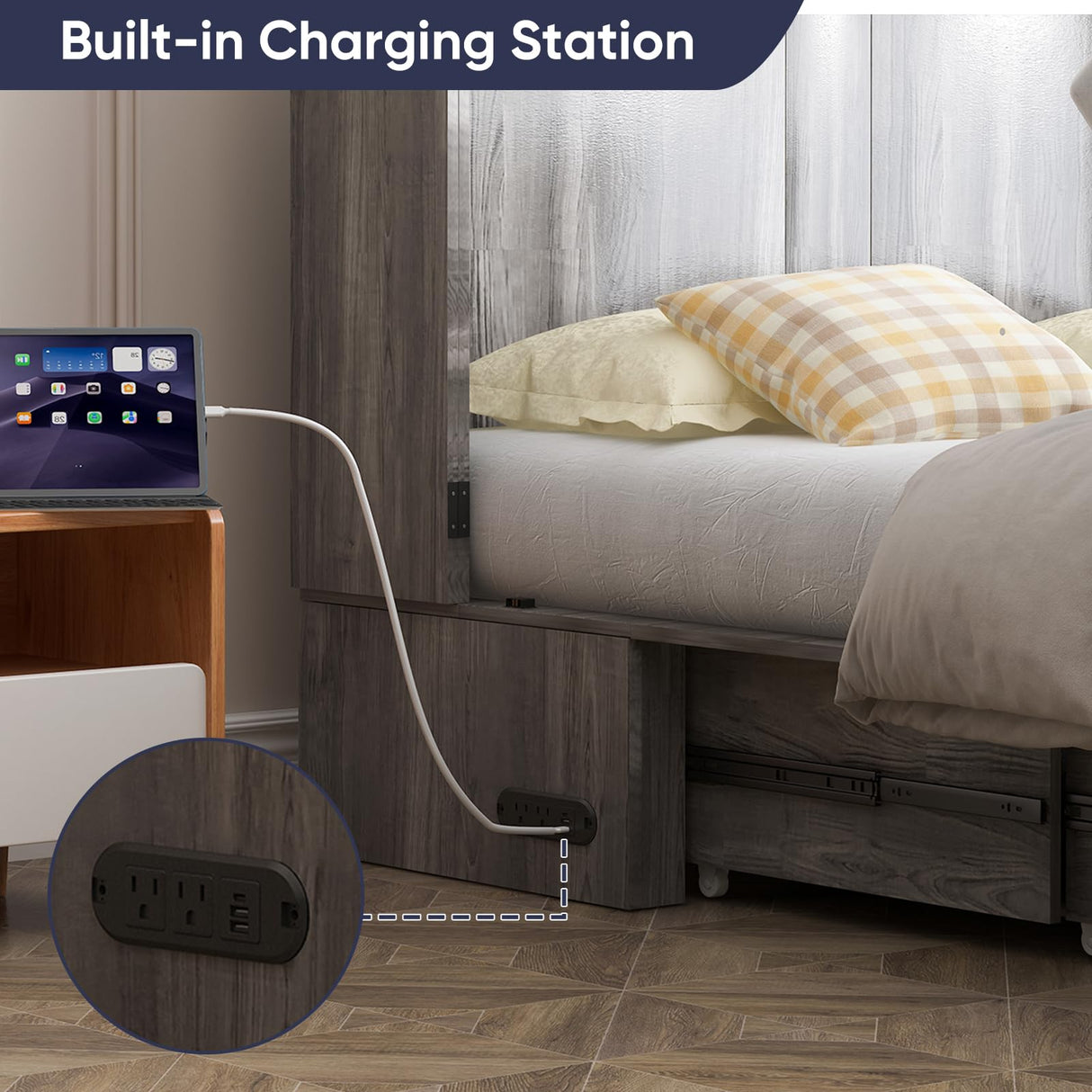 ijuicy Full Murphy Bed with Storage & Multifunctional Charging Station, Farmhouse Murphy Cabinet Bed with Foldable Panel, Space-Saving Beds for Guest Bedroom,Living Room(Mottled Grey, with Mattress) ijuicy