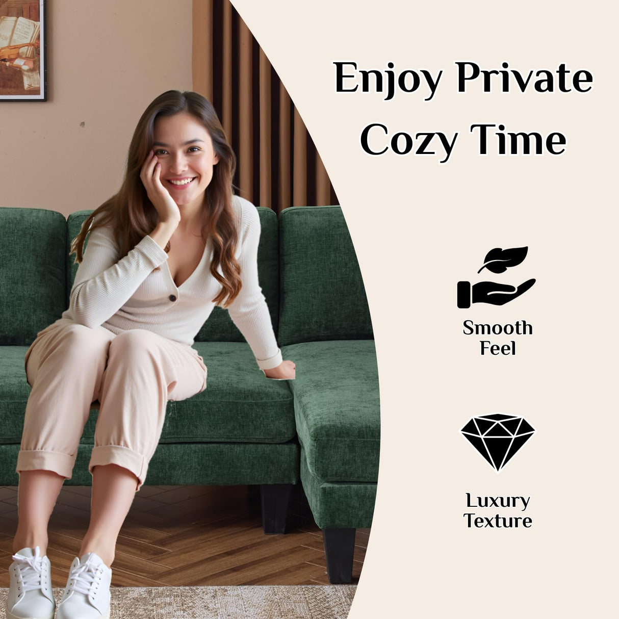 Karl home U-Shape Sectional Sofa Couch 111" Modern 4-Seat Sofa with Chaises Chenille Fabric Upholstered Covertible Couch with Wood Grain Legs for Living Room, Reception Room, Apartment, Green Karl home