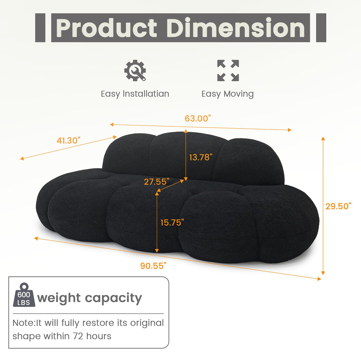 90" Modern Curved Cloud Shaped Couch for Living Room,Lazy Floor Couch, Boucle LoveSeat 3 Seater Sofa, Cozy Leisure Boneless Couches for Bedroom, Apartment-No Assembly Required (Black) WJShome