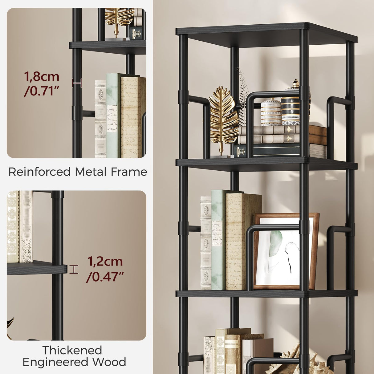 MAHANCRIS 5-Tier Rotating Bookshelf, Freestanding Corner Bookshelf, 360° Spinning Bookcase, Industrial Style Storage Rack with Rails, for Living Room, Bedroom, Study, Black BKBK1601 MAHANCRIS