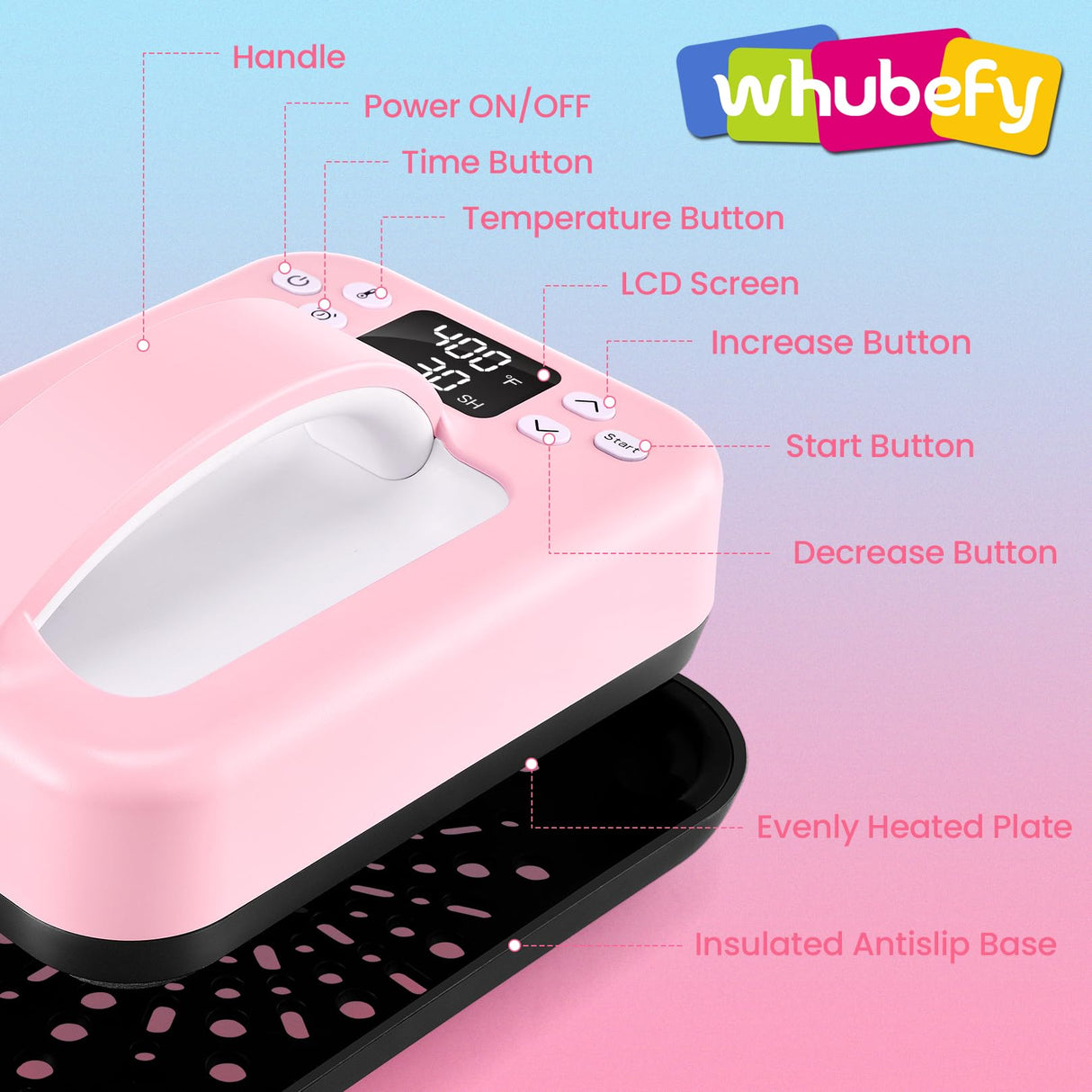 Whubefy Smart Heat Press Machine for T Shirts 7x5 Portable APP Control Easy Press Dual-Tube Fast Heat Up w/Insulated Base & Ceramic-Coated Heat Plate, Built-in Bluetooth Mini Iron for Small Projects Whubefy