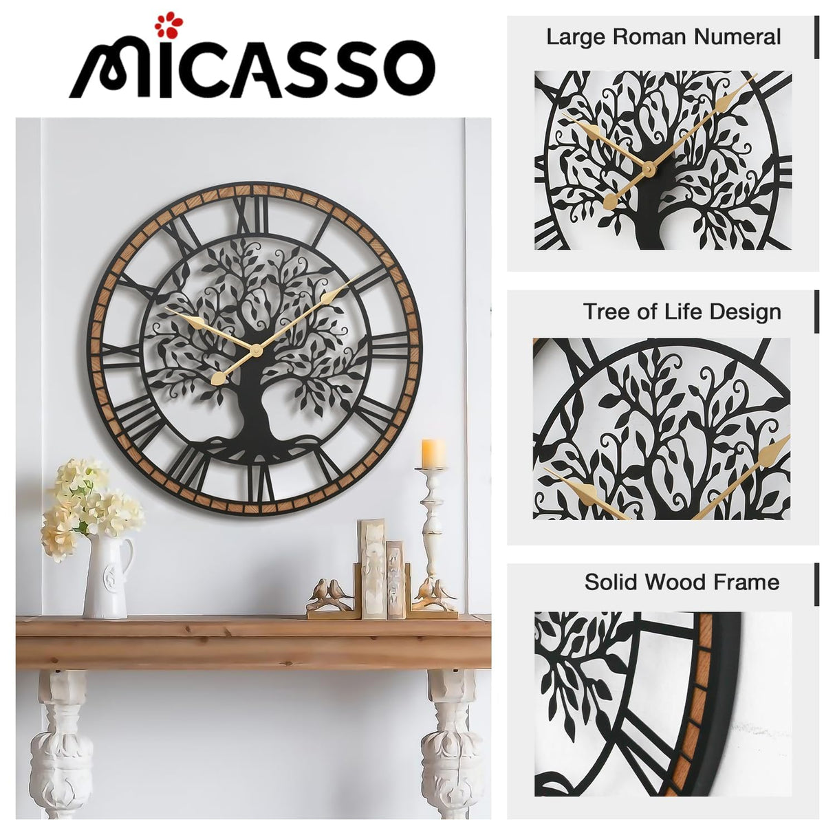 Micasso 32 in Large Tree of Life Wall Clock, Metal Black Modern Wall Clock with Solid Wood Frame, Oversized Non-Ticking Battery Operated Silent Clock for Office,Living Room,Kitchen Micasso