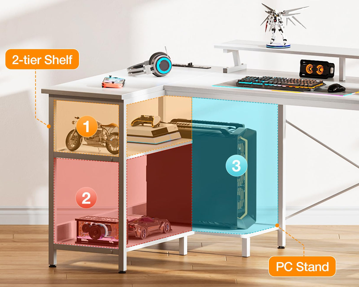 ODK 58 Inch L-Shaped Gaming Desk with LED Lights, USB Charging Ports, and Storage Solutions in Pure White ODK