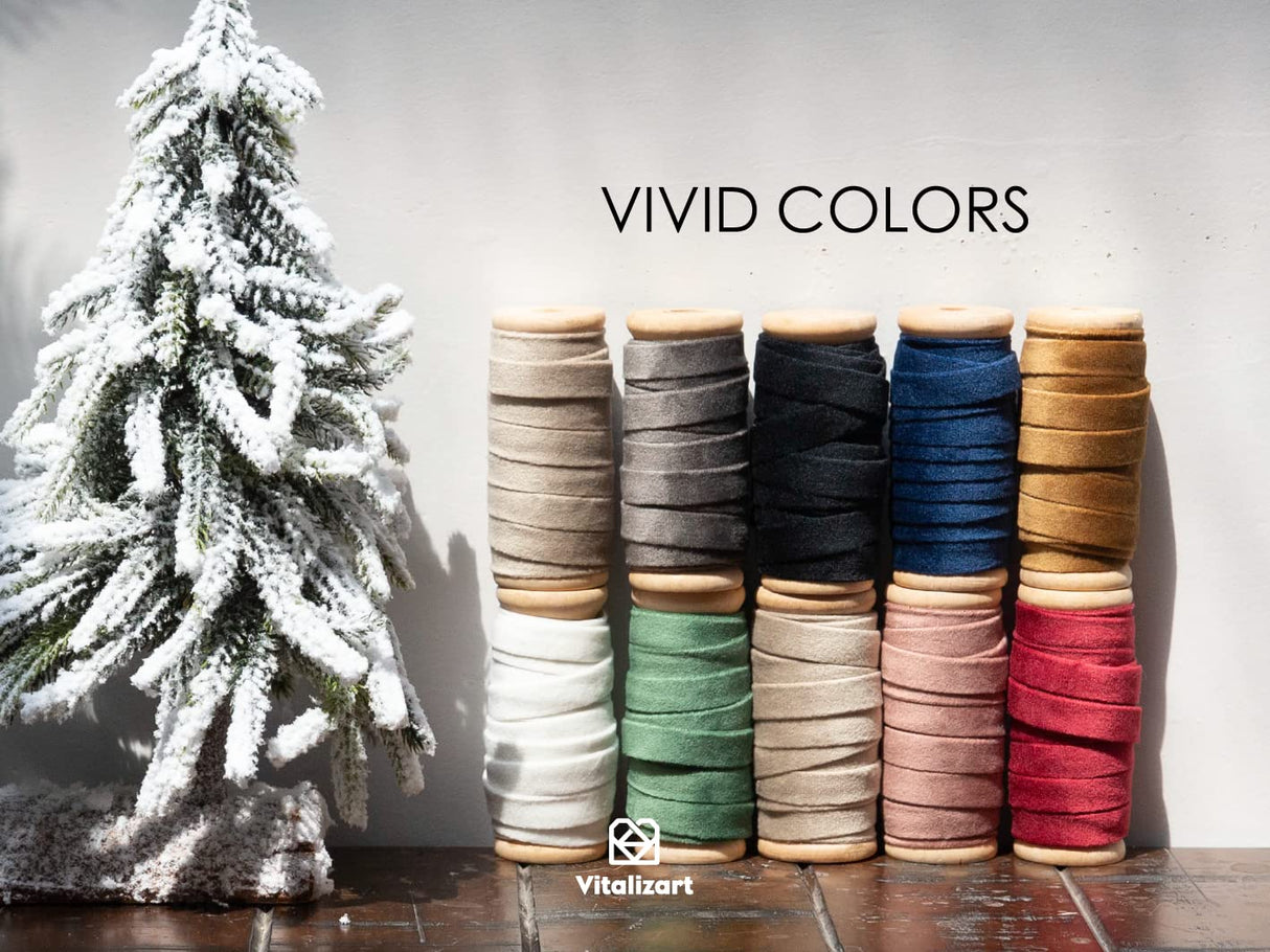 Vitalizart Christmas Velvet Ribbon Set 3/8" x 15 Yd Wooden Spool Fabric Trim 3 Rolls * 5 Yd for Christmas Wreath Decoration Handmade Craft Ornaments Gift Wrapping & Bow Making Vitalizart