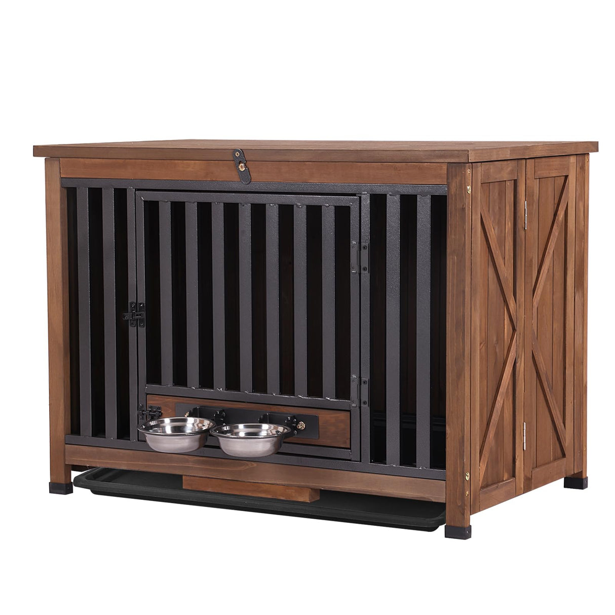 GUTINNEEN Dog Crate Furniture Foldable Dog Kennel for Small Medium Dogs Large Solid Wood Dog House with Bowl Heavy Duty Dog Cage End Table (Dark Brown) GUTINNEEN