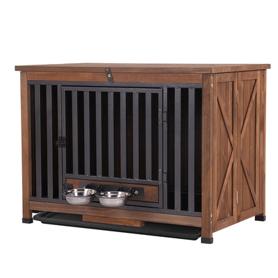 GUTINNEEN Dog Crate Furniture Foldable Dog Kennel for Small Medium Dogs Large Solid Wood Dog House with Bowl Heavy Duty Dog Cage End Table (Dark Brown)