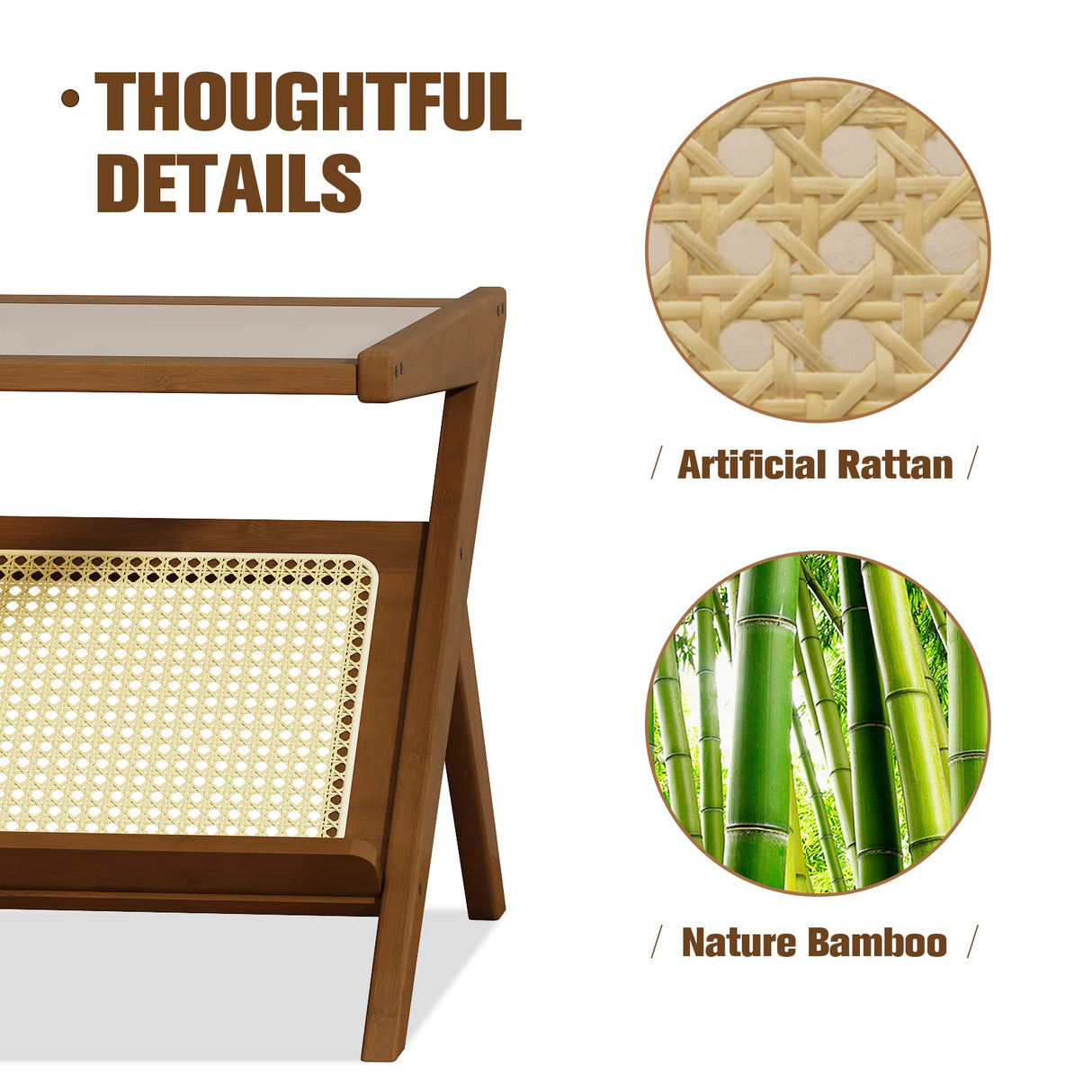 Bamworld Mid-Century Modern Coffee Table with Glass Top Rattan Center Table with Storage for Living Room Table Brown Bamworld