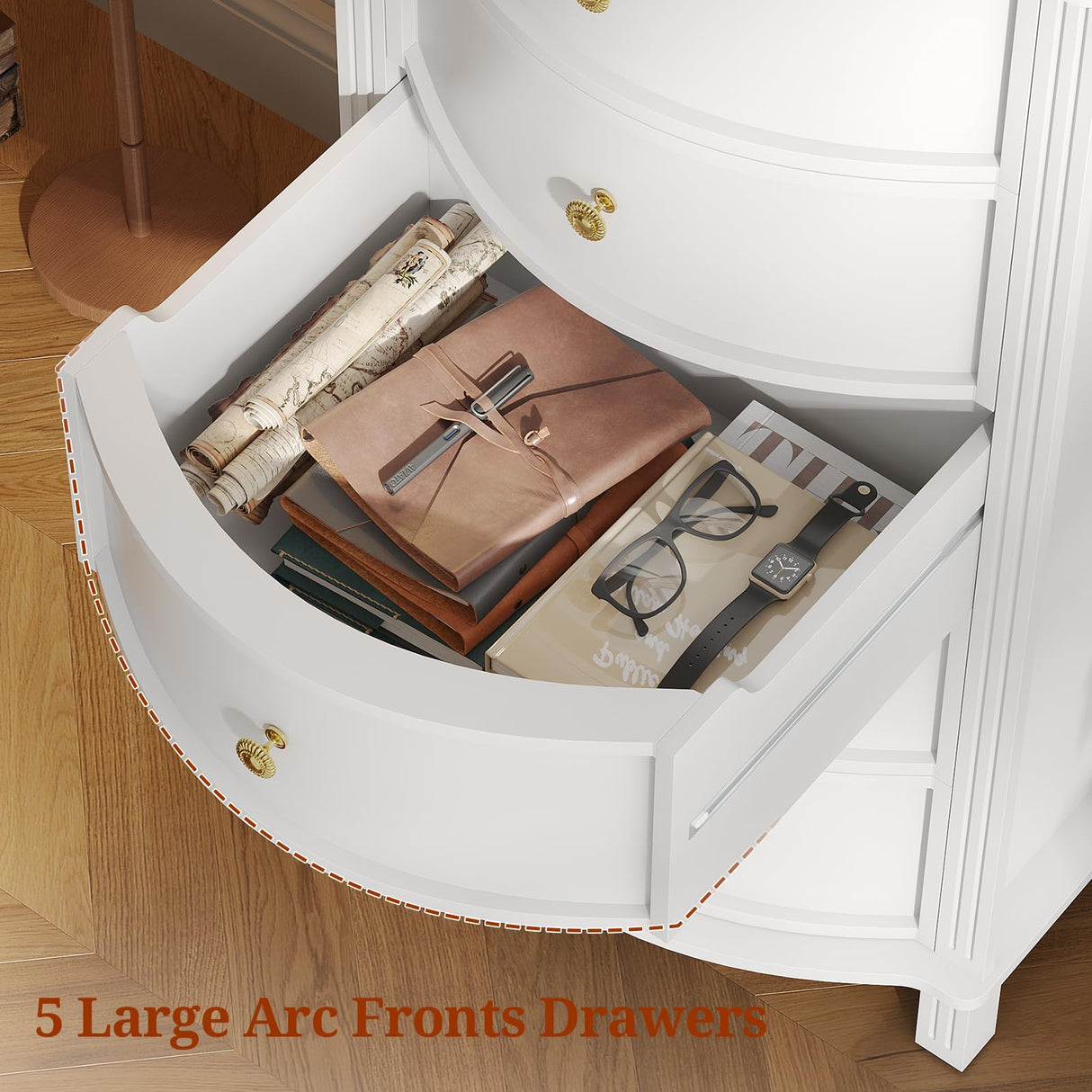 UPOSOJA AuraCurve Tall 5-Drawer Chest, Elegant Dresser with Five Arc Fronts, Roman Column Decor, Slim Floor Standing Storage Cabinet, 48.6x23.6x15.7 Inches(White, 5 Drawer) UPOSOJA