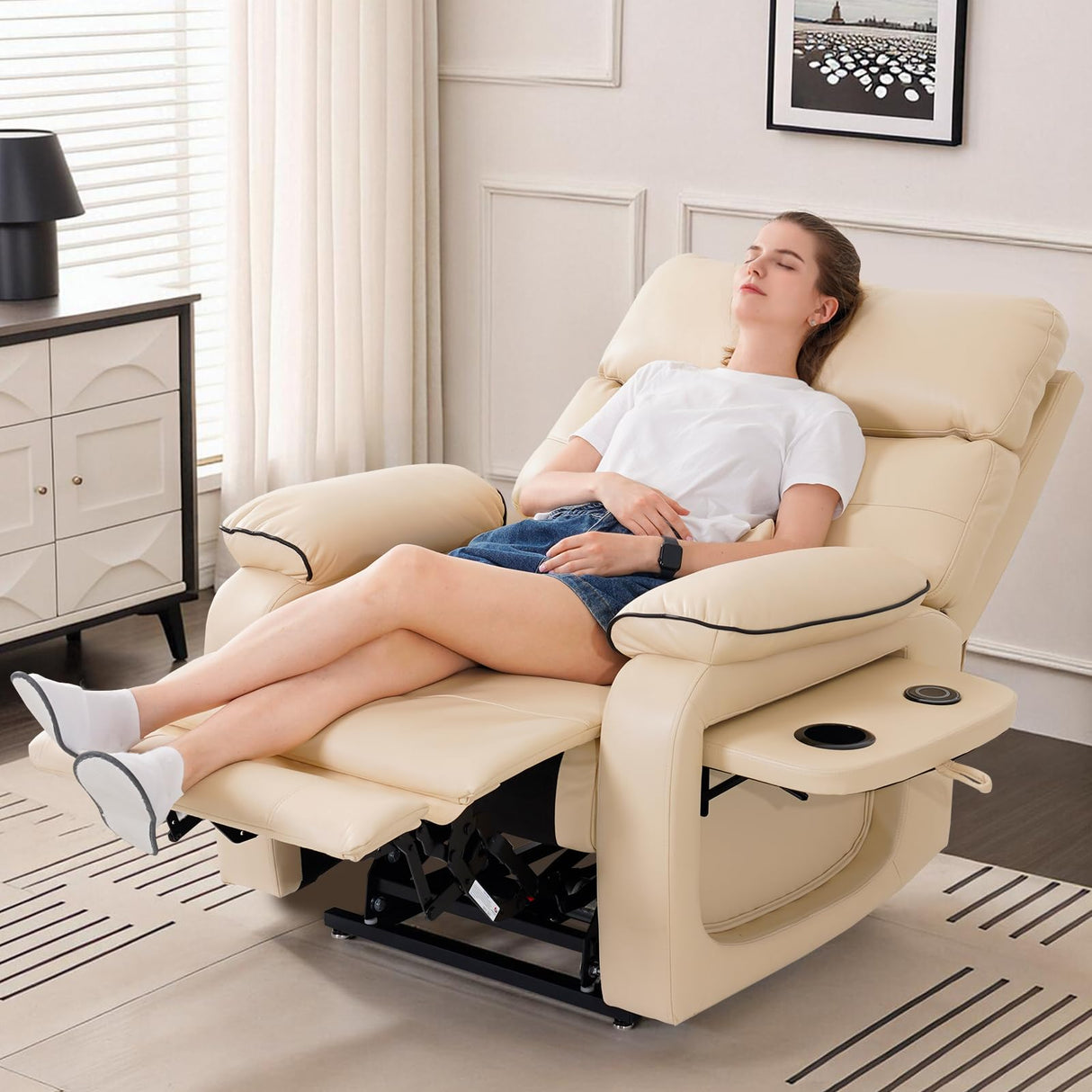 Dual Motor Power Lift Recliner Chair for Adult & Elderly, Infinite Position Lay Flat Lift Chair with Heat & Massage, Cup Holder, Lumbar Pillow, Wireless Charger, USB Ports, Leather (Beige) RESTREAL