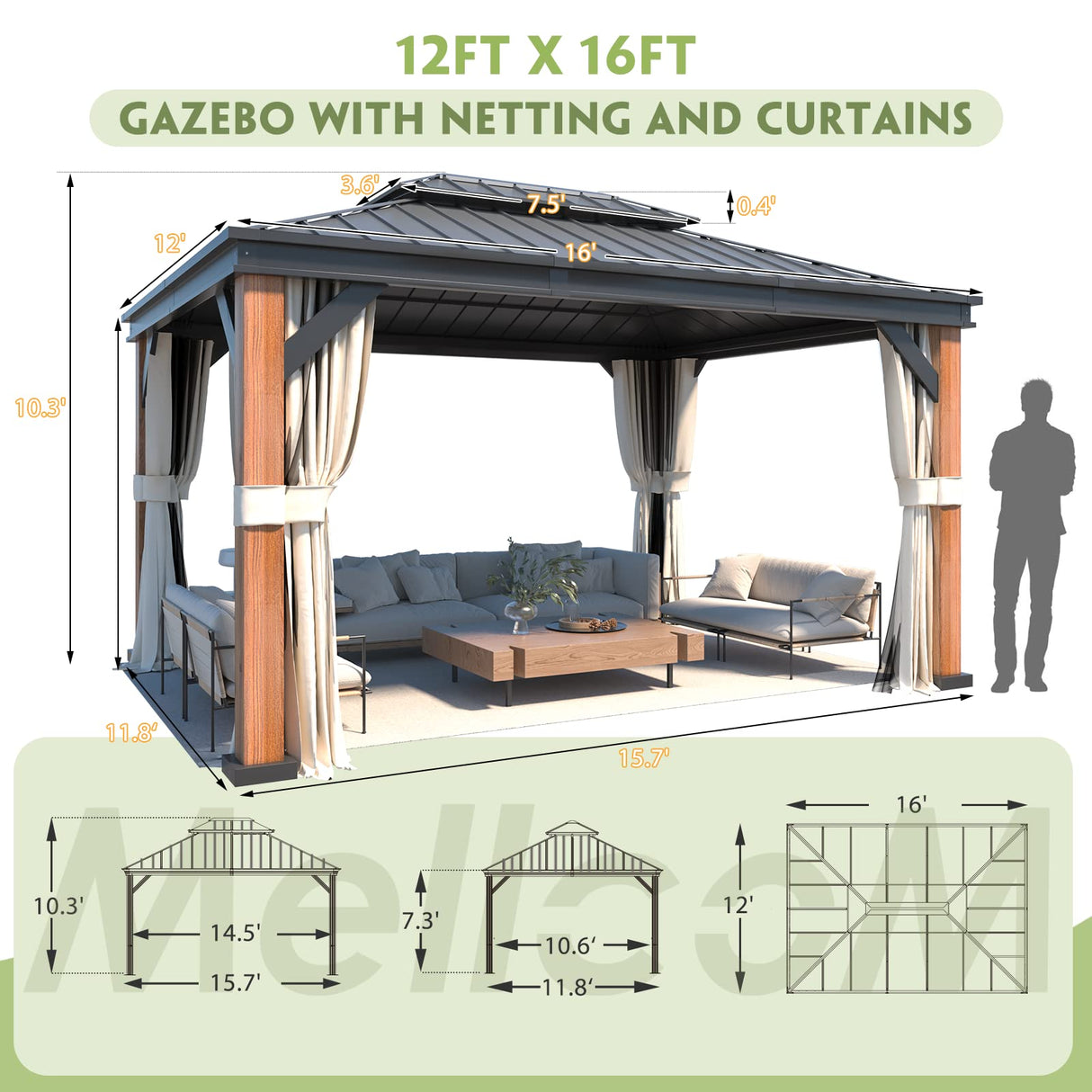 MELLCOM Gazebo 12' x 16', Wooden Finish Coated Thicker Aluminum Frame Gazebo with Galvanized Steel Roof, Outdoor Patio Gazebos with Curtains and Nettings for Patio, Lawn & Garden MELLCOM