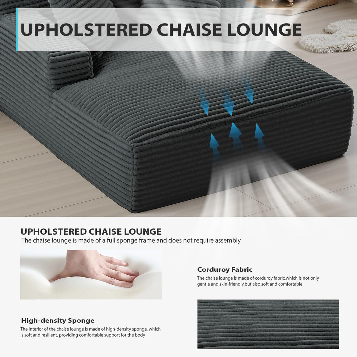 50 Inch Chaise Lounge Chair Indoor, Oversized Corduroy Upholstered Boneless Sofa Bed, Deep Seat Sleeper Couch Reading Chairs, Cloud Sofas Couches for Living Room, No Assembly Required (Dark Grey) ivoros