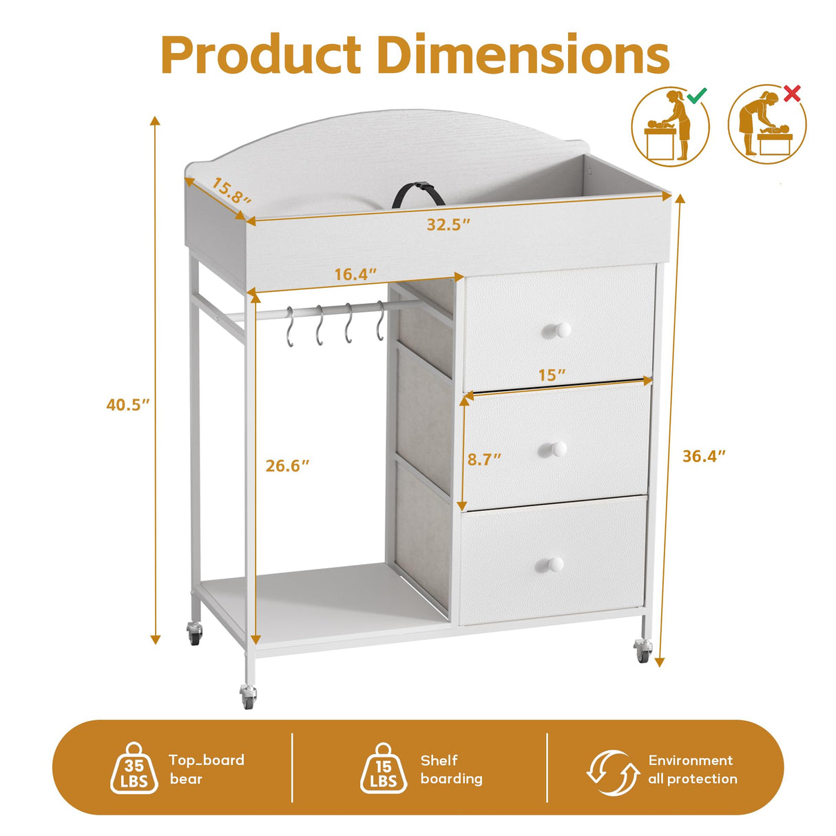 DTK Changing Table Dresser with Clothing Rack and Storage Shelf,3-Drawer Baby Dresser with Changing Table Top,Diaper Changing Station with Waterproof Pad,Mobile Dresser for Nursery,White DTK