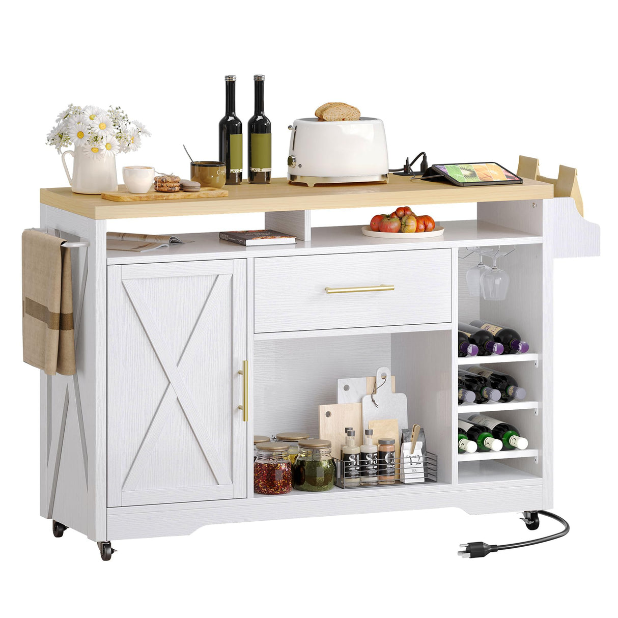 YITAHOME Large Kitchen Island with Power Outlet, Rolling Kitche Cart with Wine Rack, Mobile Storage Islands with Spice Rack Glass Holder, Island Table on Wheels for Living Room, 50 Inch Wide, White YITAHOME