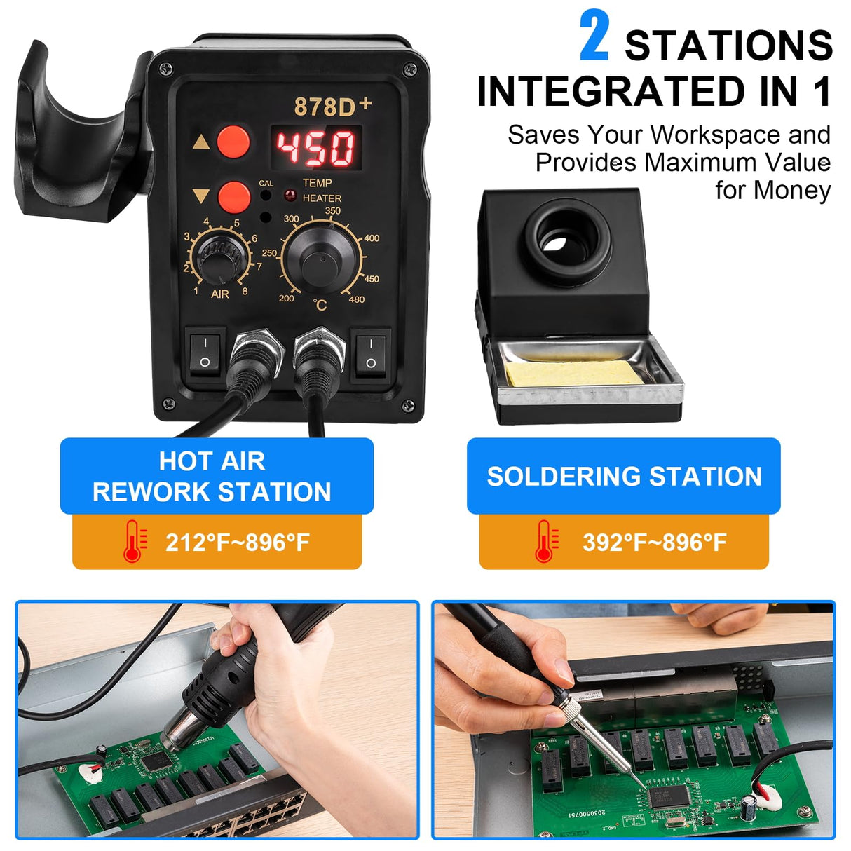 Beaiguna 2 in 1 Hot Air Rework Soldering Iron Station Kit, Precision Circuit Board Soldering Gun Kit, Rapid Heat up Solder Station, Upgrade Dual System Independent Control, Auto Sleep & Calibration Beaiguna